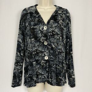 Chicos Travelers Shacket Top Size 1 Small Medium Blue Silver Metallic Paisley